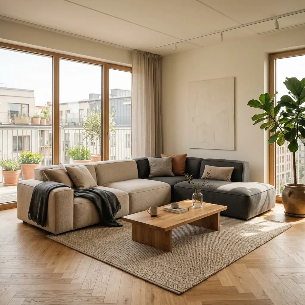L-förmiges modulares Sofa in Beige und Grau auf Eichenparkett mit Couchtisch und Zimmerpflanze.