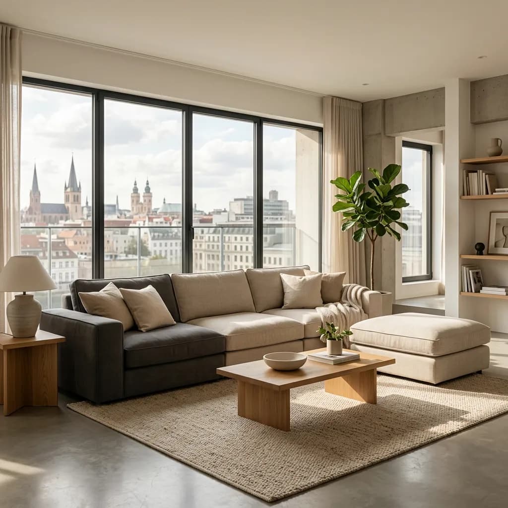 Modernes Penthouse mit grau-beigem Modulsofa, großen Fenstern, Stadtblick und einer großen Zimmerpflanze.