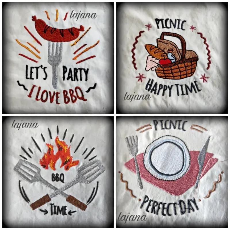 BBQ Grill Stickdatei Set – 9 Motive für Grillschürze & Küchentextilien